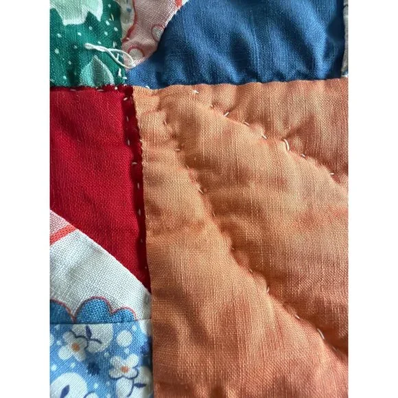 Vintage Handmade Patchwork Quilt 80x62 Multicolor Scrap Quilt Yellow Back - Picture 11 of 16